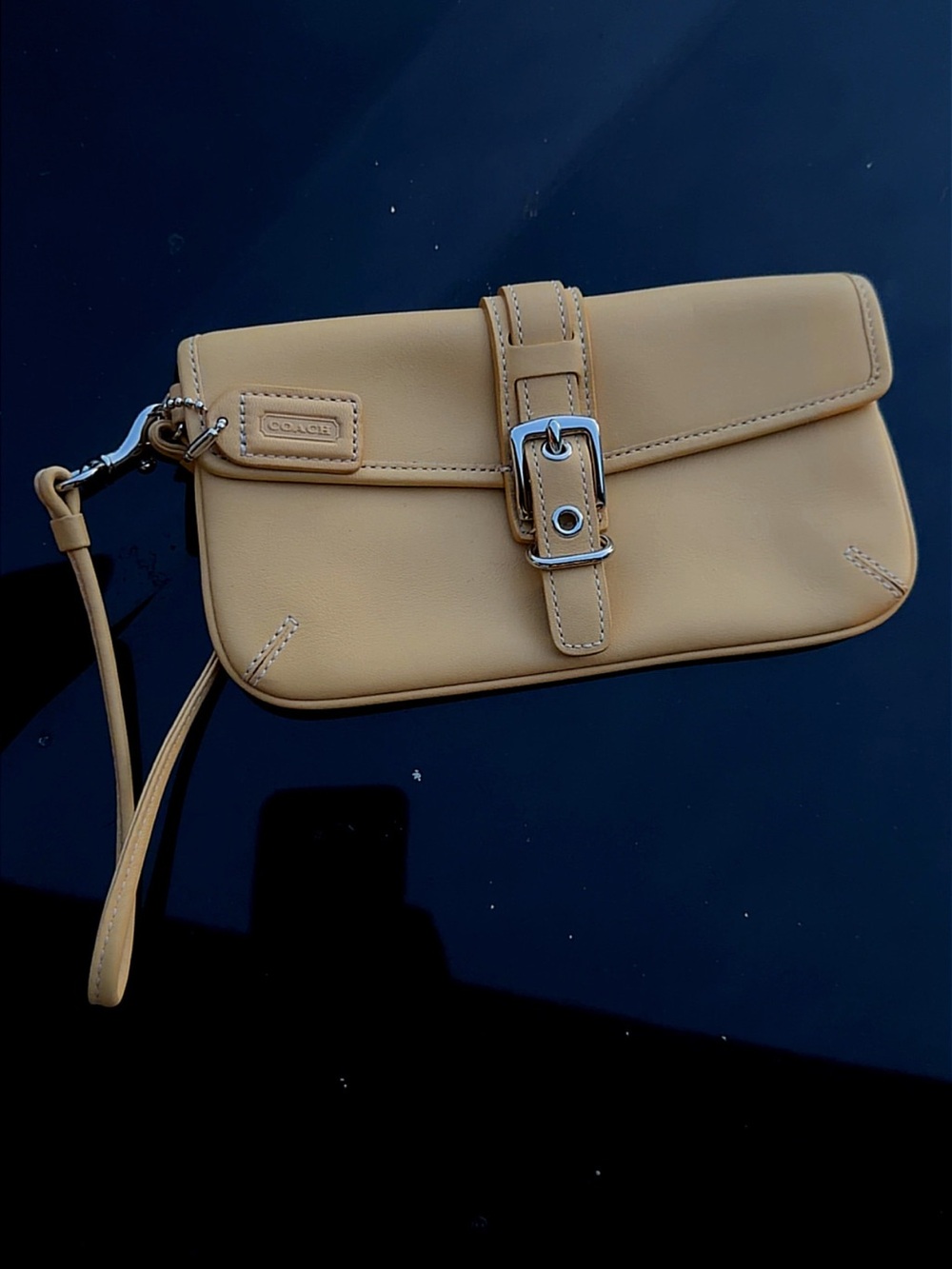 Coach Beige Leather Buckle Wristlet Clutch